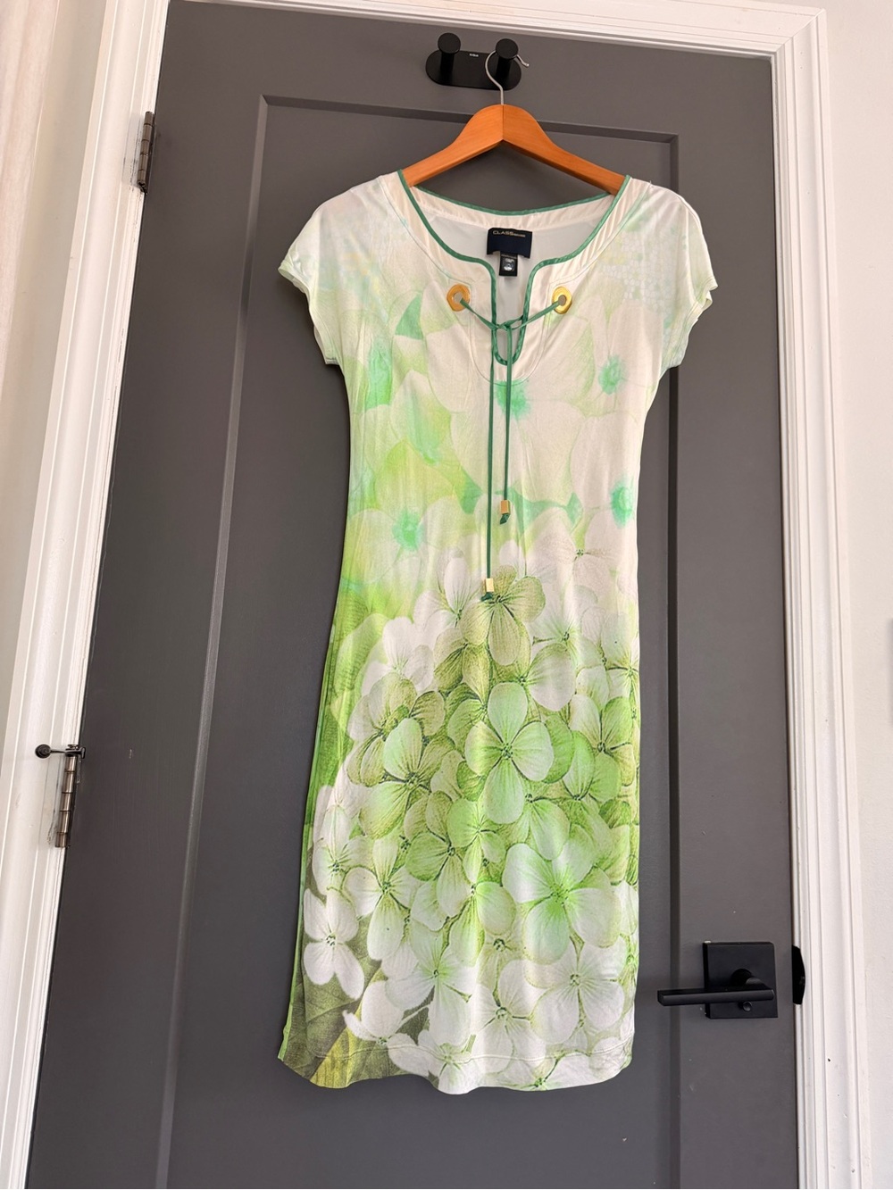Roberto Cavalli White Dress with Green Trim and Gold Grommets